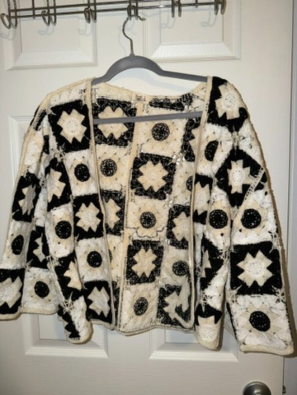 POL Crochet Granny Square Cardigan Black Cream Boho One Size NWOT